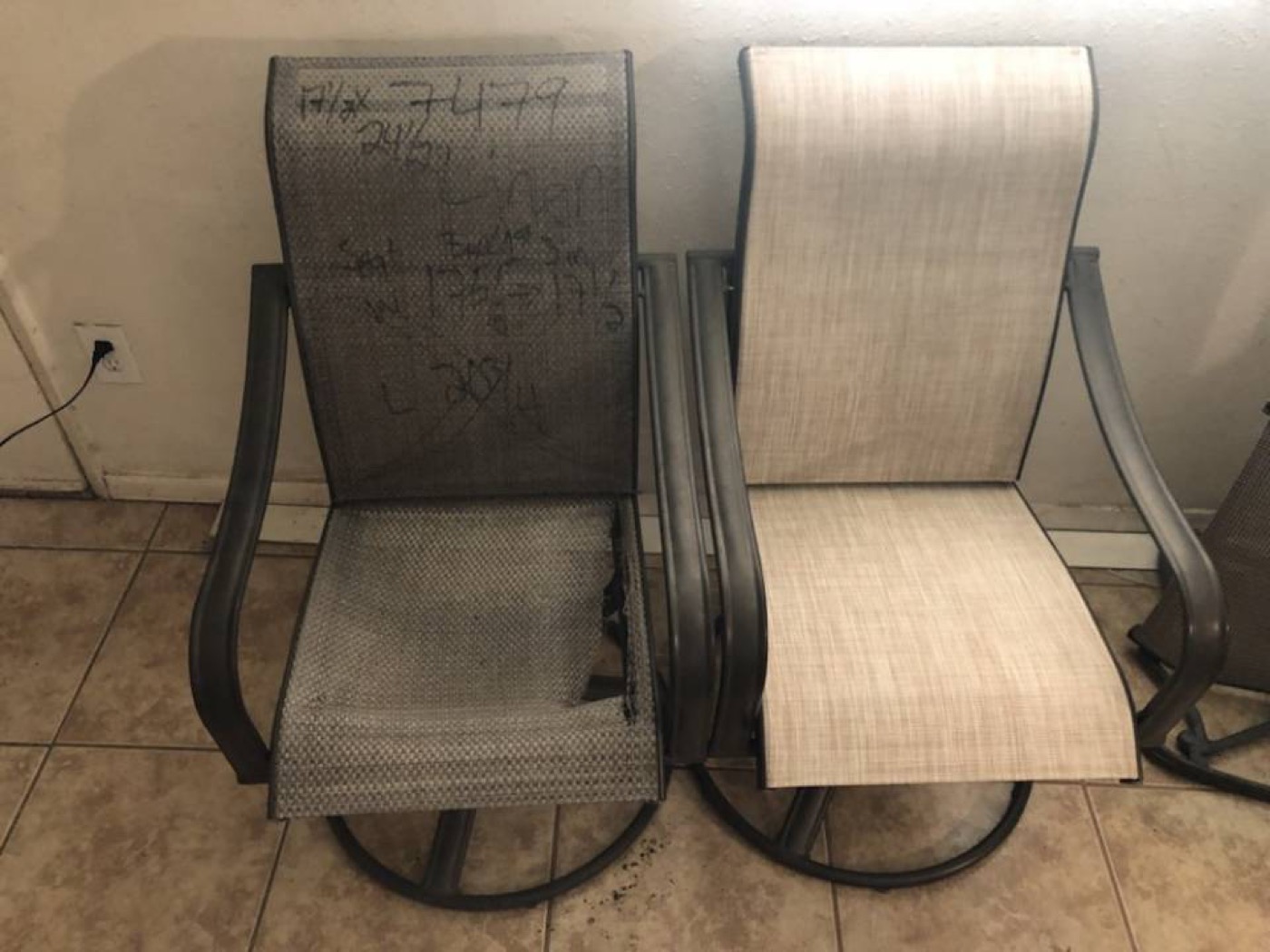 Worn patio chair beside restored patio chair indoors