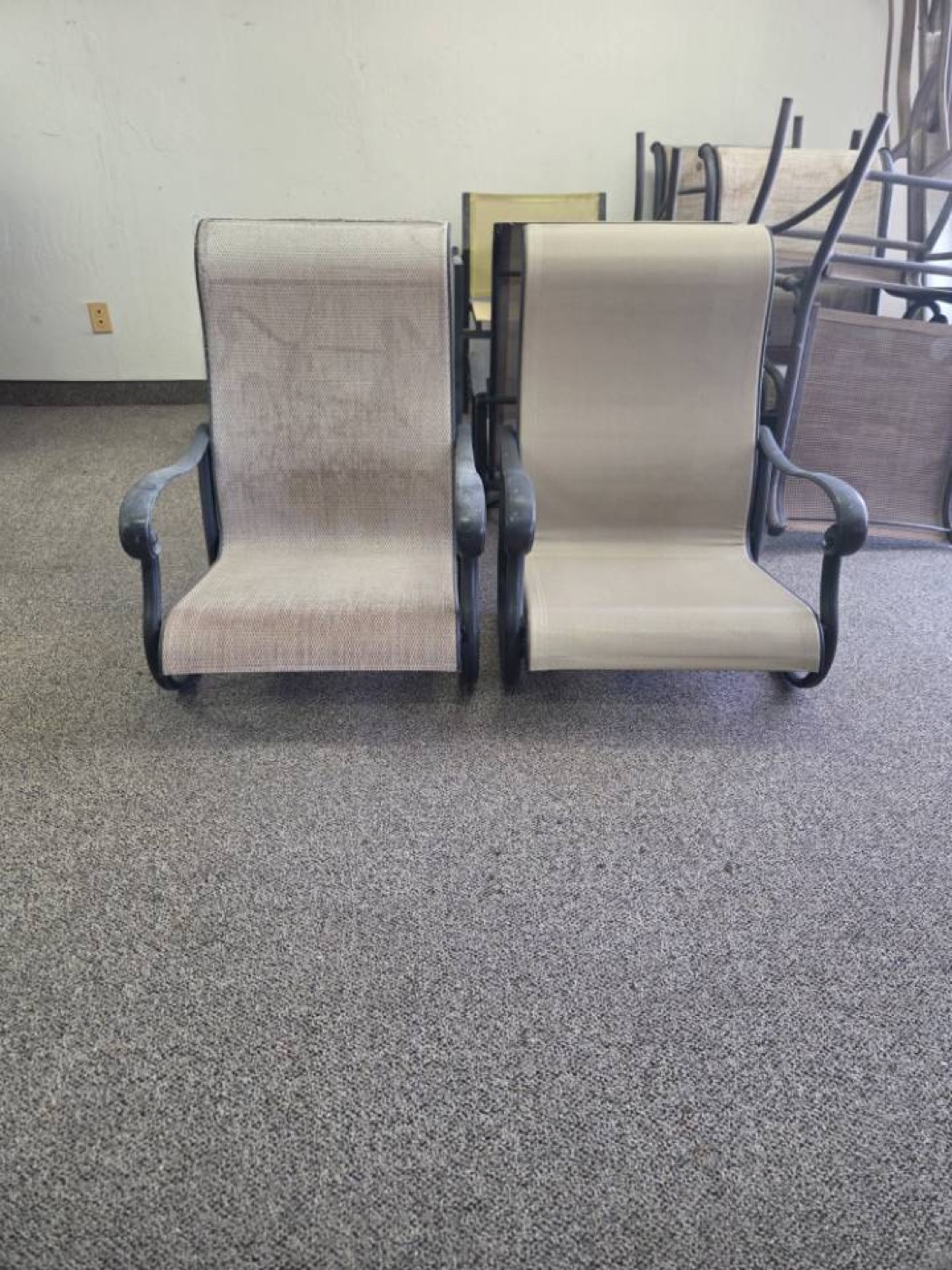 Patio chair before and after sling replacement in showroom